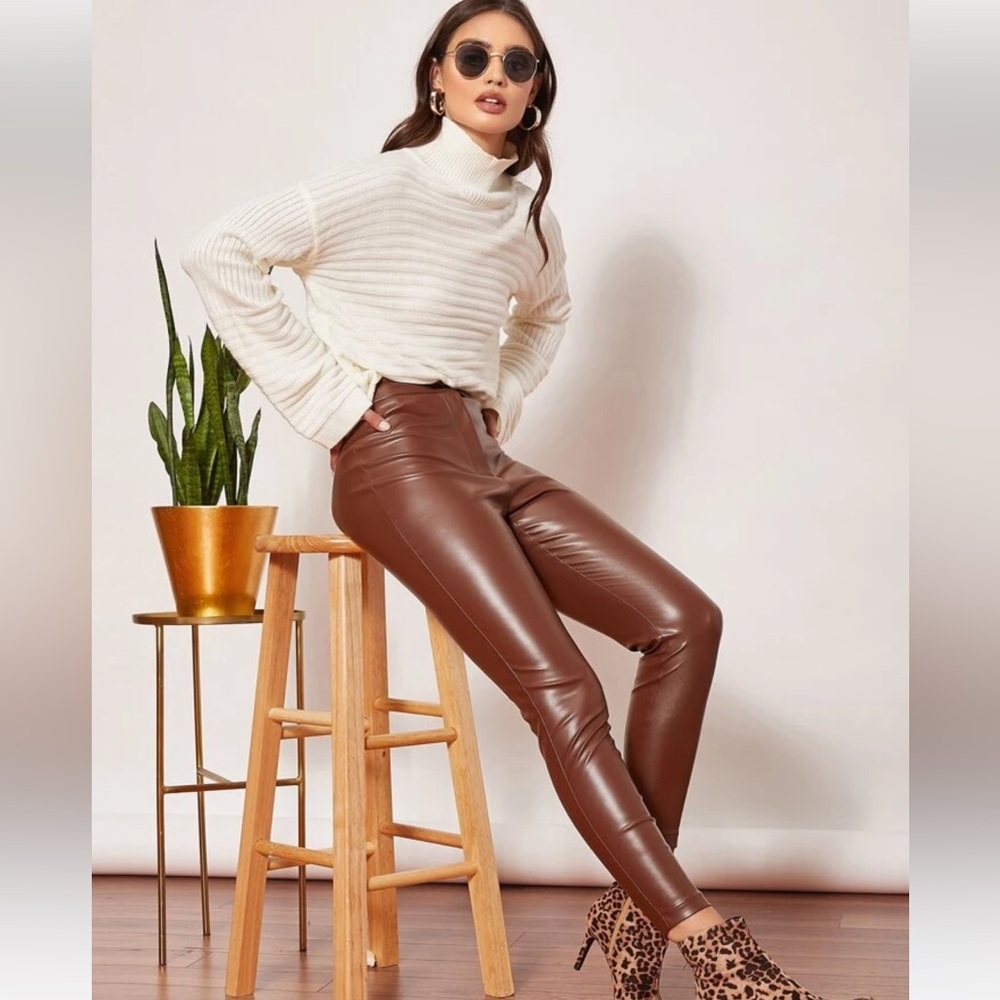High waisted brown leather pants barely worn.